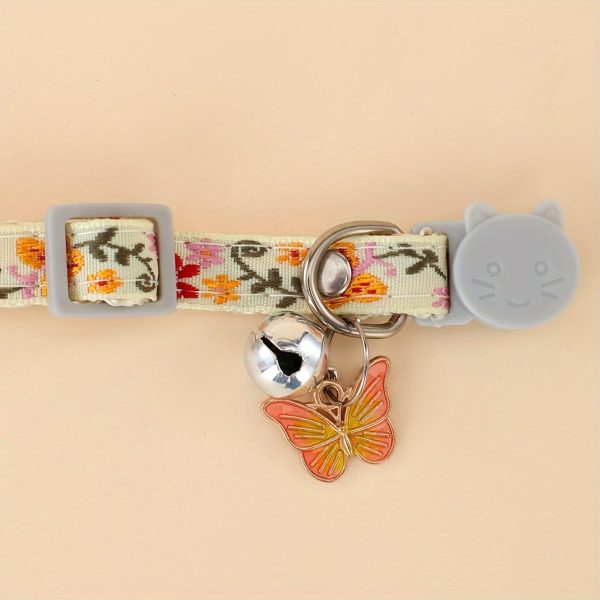 Adjustable Nylon Pet Collar with Embroidered Butterfly & Flower Design, Bell Charm - Perfect for Cats and Small Dogs