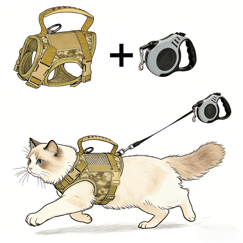 Tactical Anti-Escape Cat Harness And Retractable Leash Set, Adjustable Breathable Vest-Style Harness with Control Handle, Suitable for Outdoor Pet Walking, Fits Adult Cats, Kittens, And Small Dogs - Image 6