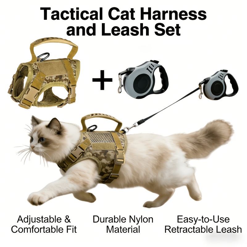 Tactical Anti-Escape Cat Harness And Retractable Leash Set, Adjustable Breathable Vest-Style Harness with Control Handle, Suitable for Outdoor Pet Walking, Fits Adult Cats, Kittens, And Small Dogs - Image 4