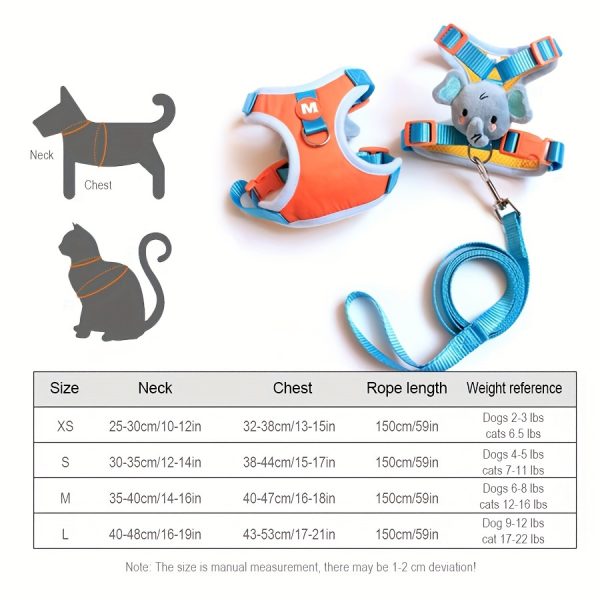 Adjustable Cartoon Elephant Dog Harness and Leash Set - Comfort Fit Vest for Small to Medium Breeds, Polyester -  For Dog Owners -  Suitable for Walking, Training & Outdoor Adventures - Great Gift for Dog Lovers