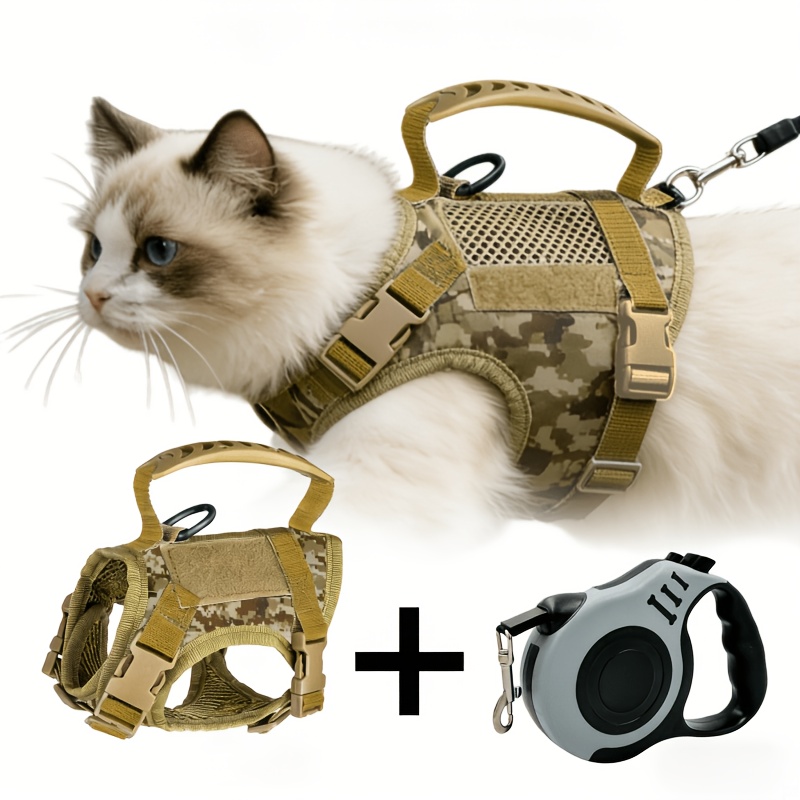 Tactical Anti-Escape Cat Harness And Retractable Leash Set, Adjustable Breathable Vest-Style Harness with Control Handle, Suitable for Outdoor Pet Walking, Fits Adult Cats, Kittens, And Small Dogs - Image 3