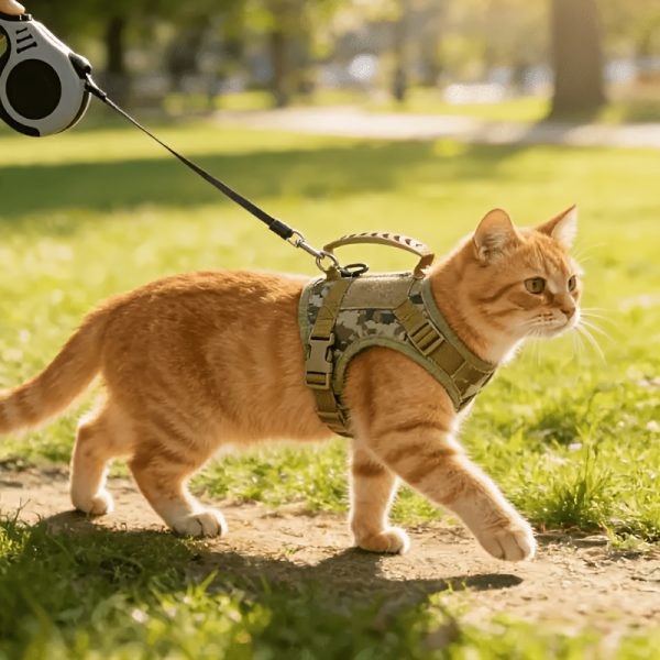 Tactical Anti-Escape Cat Harness And Retractable Leash Set, Adjustable Breathable Vest-Style Harness with Control Handle, Suitable for Outdoor Pet Walking, Fits Adult Cats, Kittens, And Small Dogs