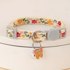 Adjustable Nylon Pet Collar with Embroidered Butterfly & Flower Design, Bell Charm - Perfect for Cats and Small Dogs