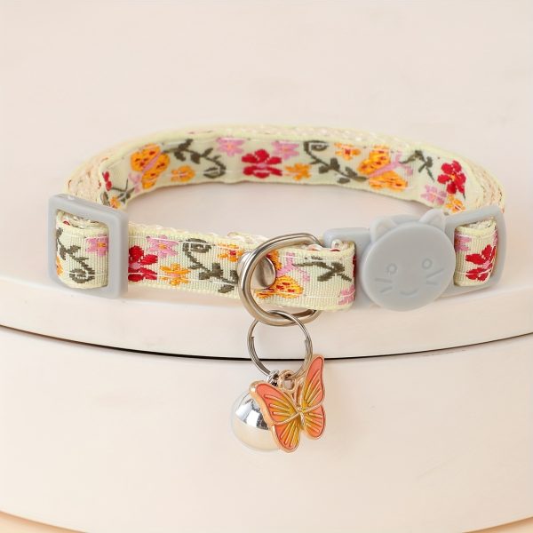Adjustable Nylon Pet Collar with Embroidered Butterfly & Flower Design, Bell Charm - Perfect for Cats and Small Dogs