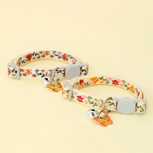 Adjustable Nylon Pet Collar with Embroidered Butterfly & Flower Design, Bell Charm - Perfect for Cats and Small Dogs