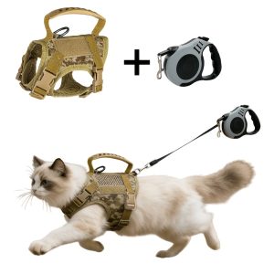 Tactical Anti-Escape Cat Harness And Retractable Leash Set, Adjustable Breathable Vest-Style Harness with Control Handle, Suitable for Outdoor Pet Walking, Fits Adult Cats, Kittens, And Small Dogs